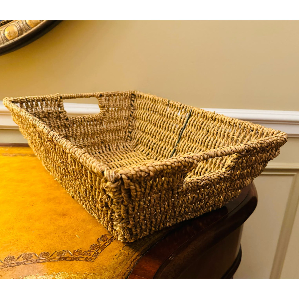 Large Rope Wicker Rectangular Basket with Handles Storage Organize Boho